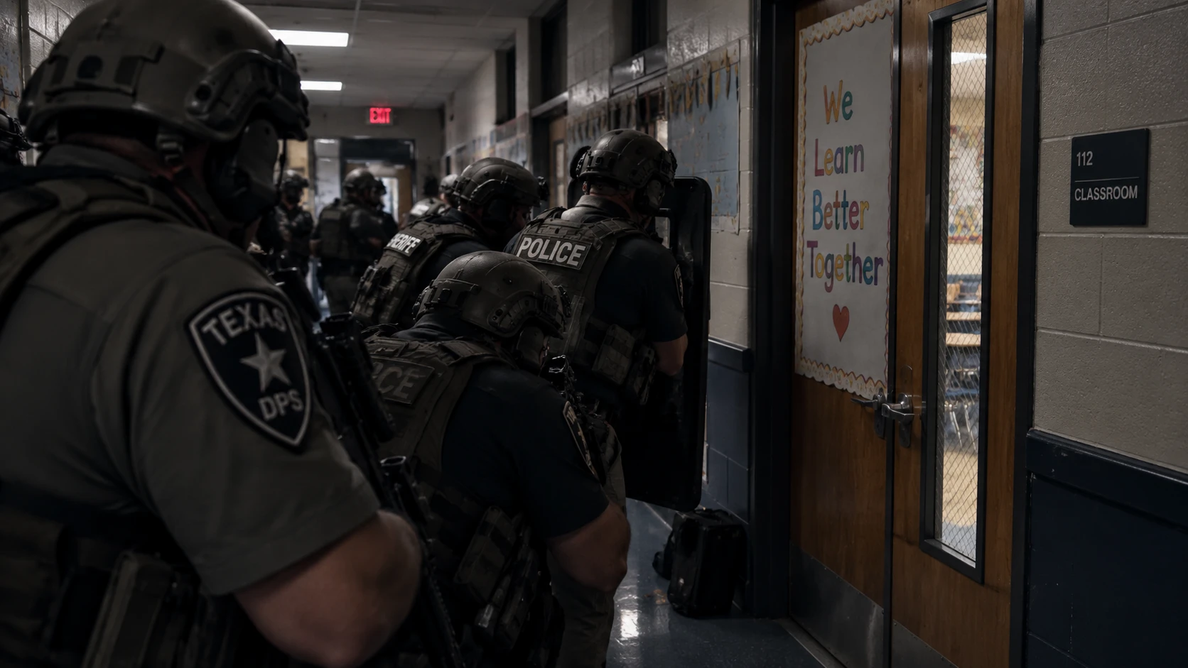 Cinematic reconstruction of a tactical police team stacked in a school hallway outside a classroom